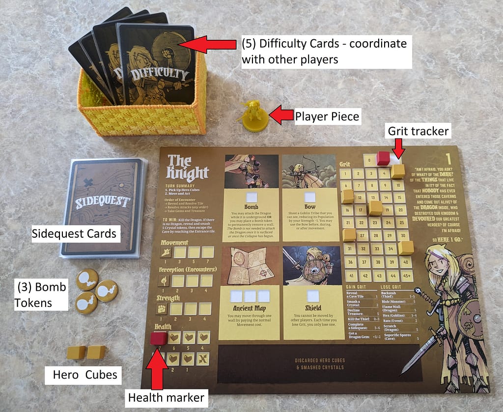 how to setup the Knight player board, with identification of pieces